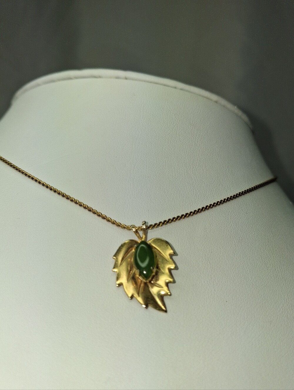 Gold Leaf Pendant Necklace with Genuine Jade Stone